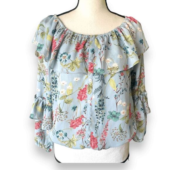 Sanctuary by Anthro Aisley Ballet Off Shoulder Bluebell Blue‎ Floral Top - Picture 2 of 10